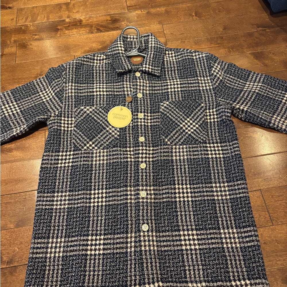 Men's Checkered Shirt Jacket - Navy and White
